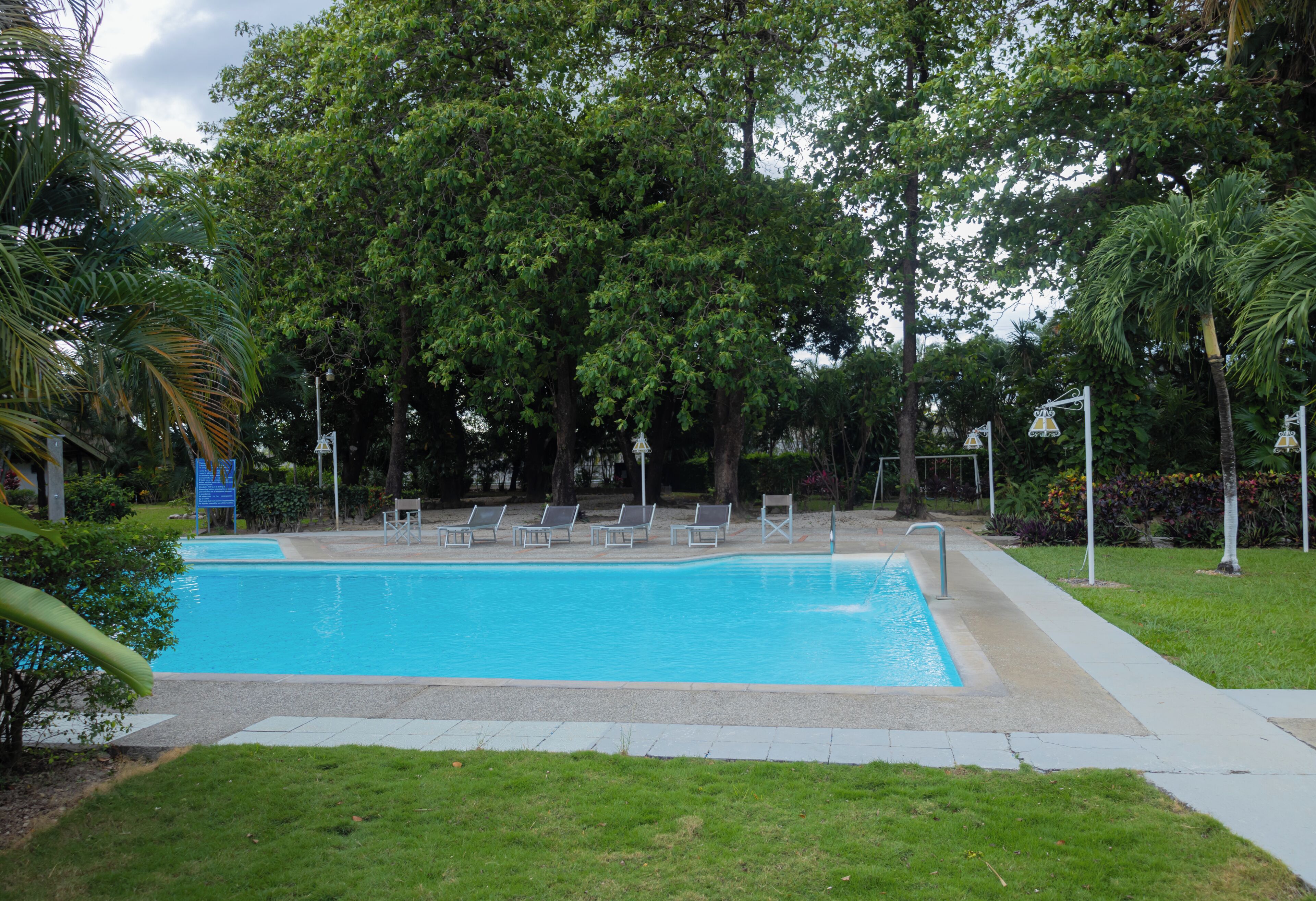 A rectangular swimming pool with a tiled deck, surrounded by grass and trees.