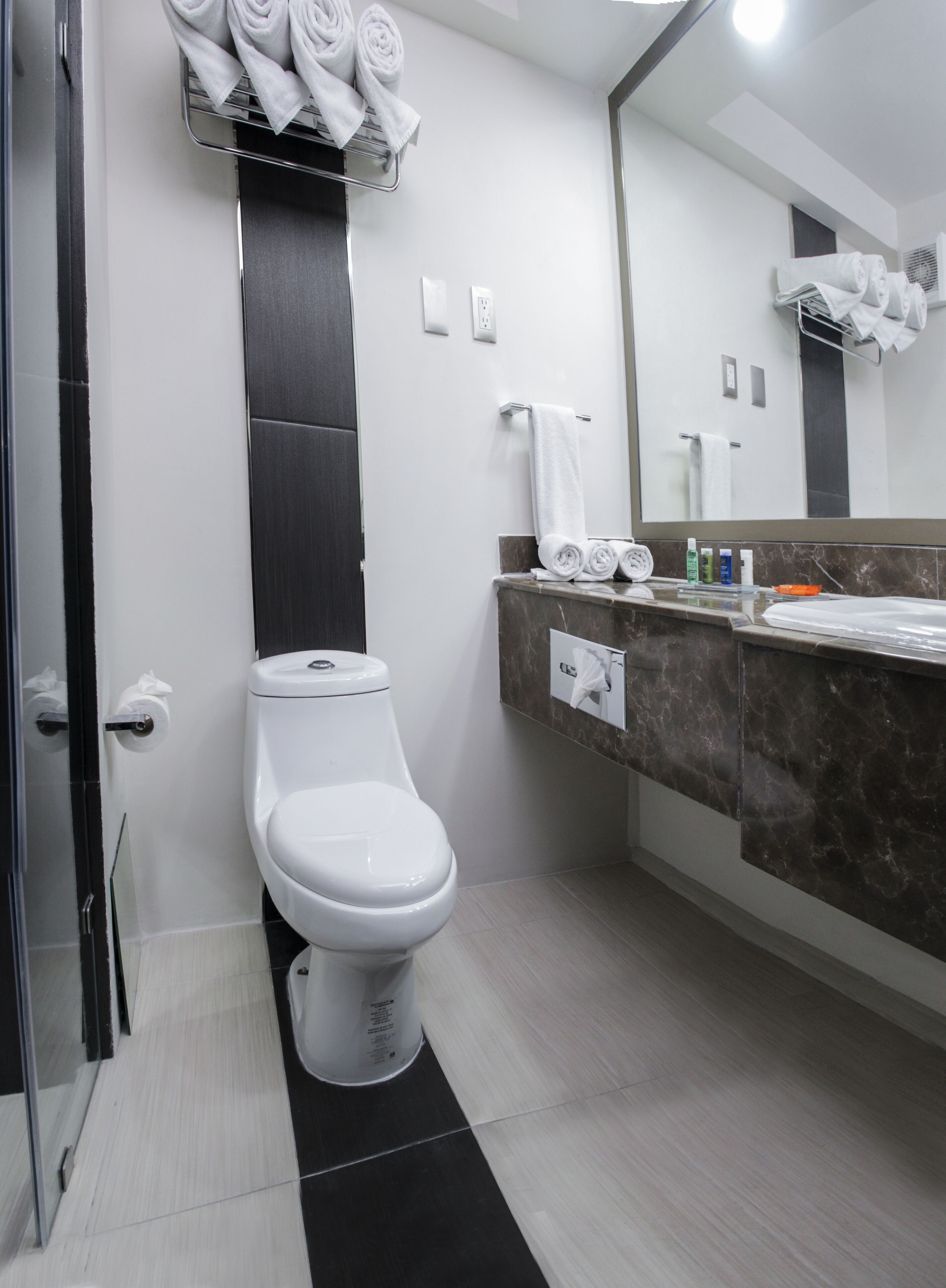 Un baño moderno con inodoro, lavamanos con encimera de mármol y espejo.