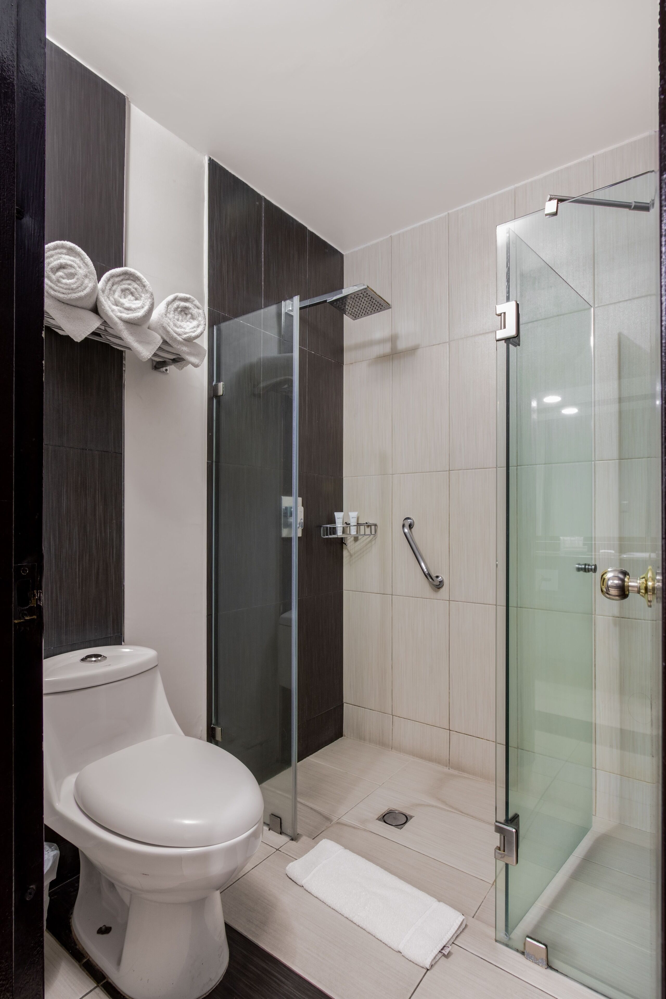 Ein modernes Badezimmer mit Toilette, einer gläsernen Dusche und einem Handtuchhalter mit Handtüchern.