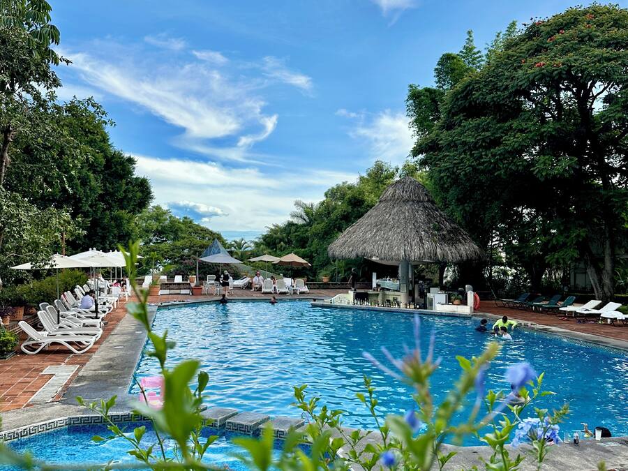 Una piscina con sillas de descanso y sombrillas, rodeada de árboles y una estructura con techo de paja.