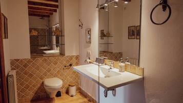 Un baño con inodoro, lavabo, espejo y ducha.