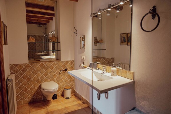 A bathroom with a toilet, sink, mirror, and shower.