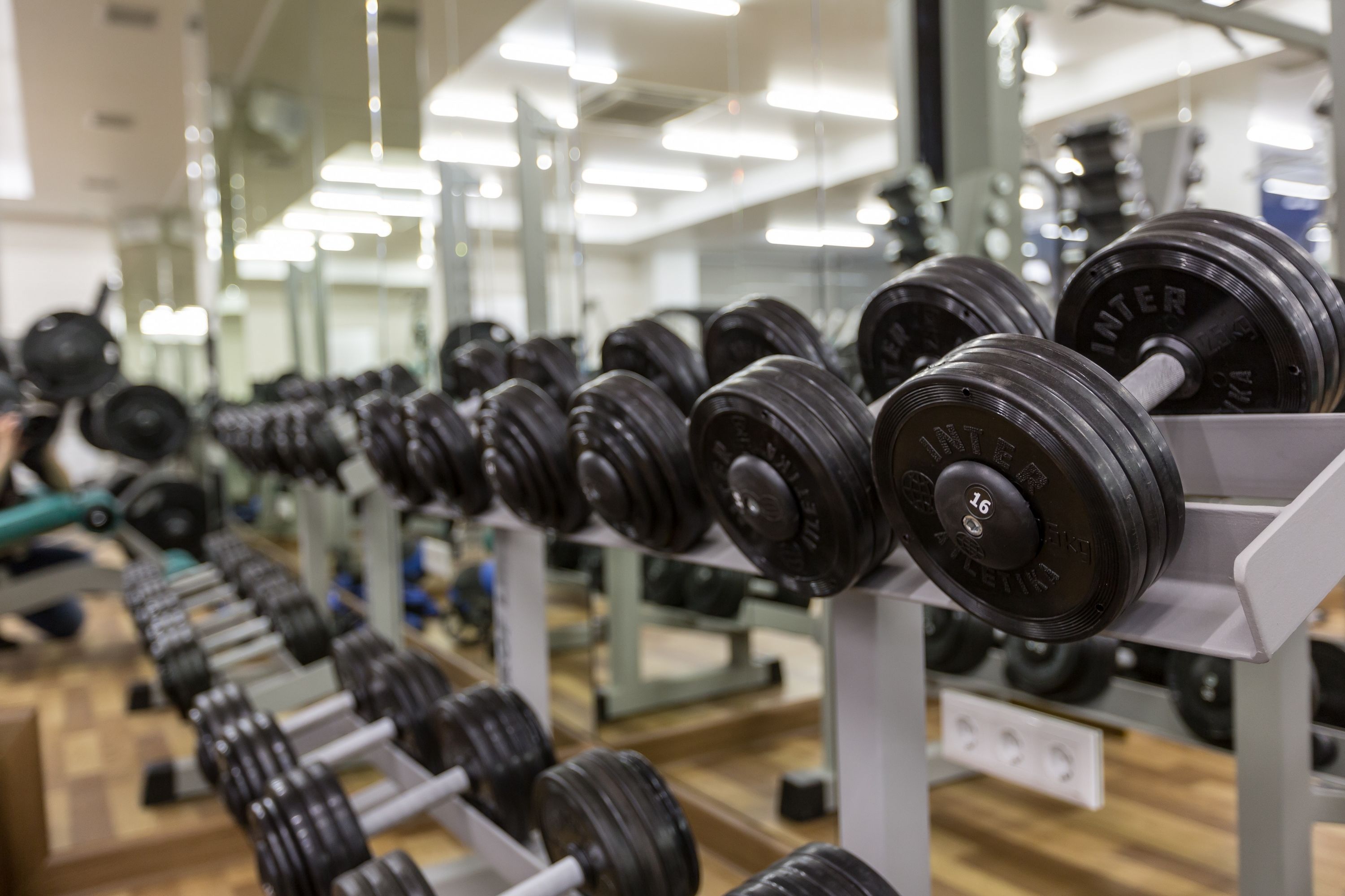 A row of weight plates on a rack in a gym.