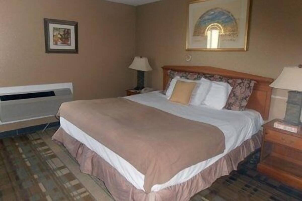 Una habitación de hotel con una cama grande, una mesita de noche con lámpara, un aire acondicionado de pared y un cuadro enmarcado sobre la cama.