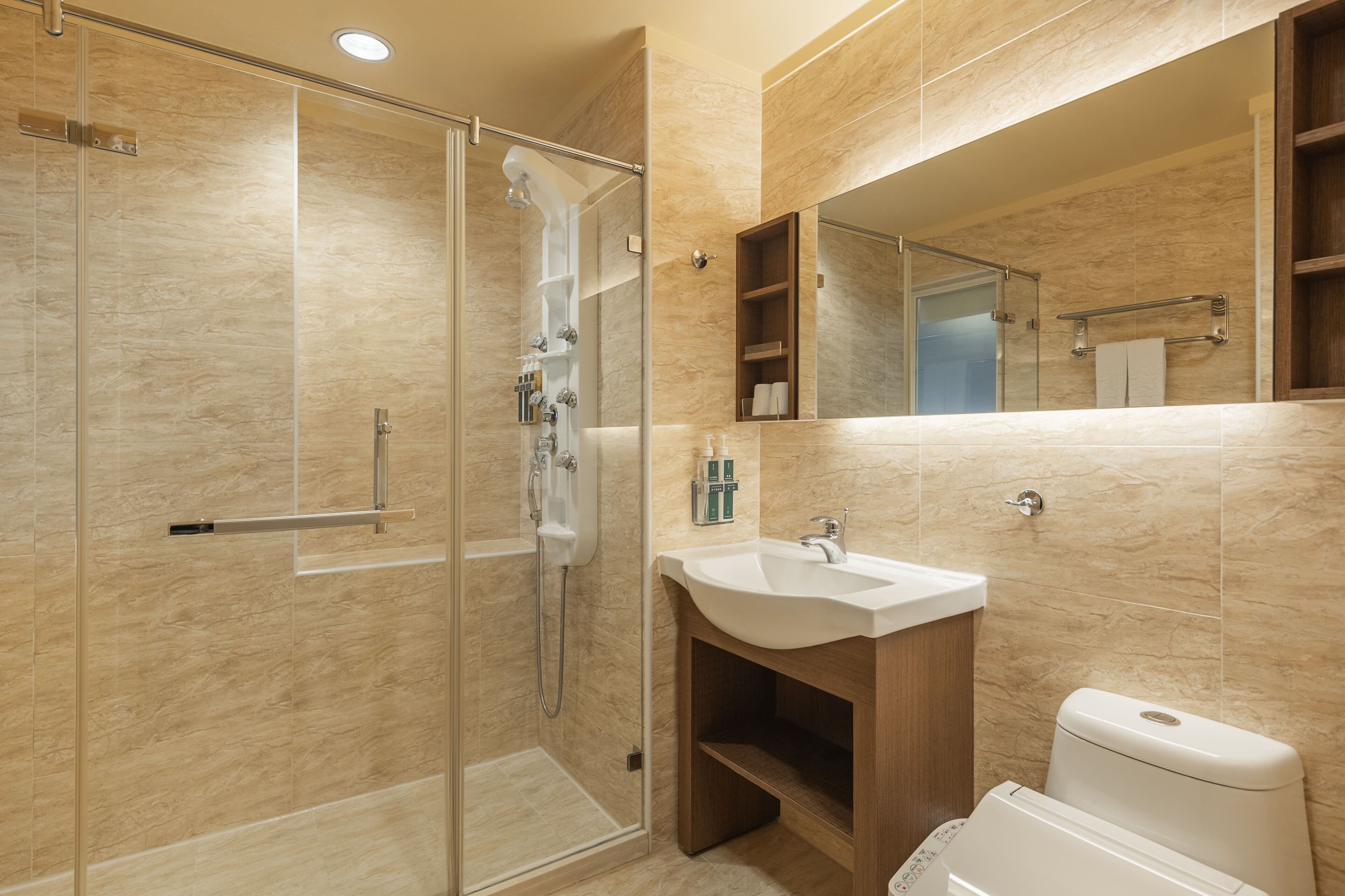 shower, rainfall showerhead, hair dryer, slippers