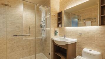 Shower, rainfall showerhead, hair dryer, slippers