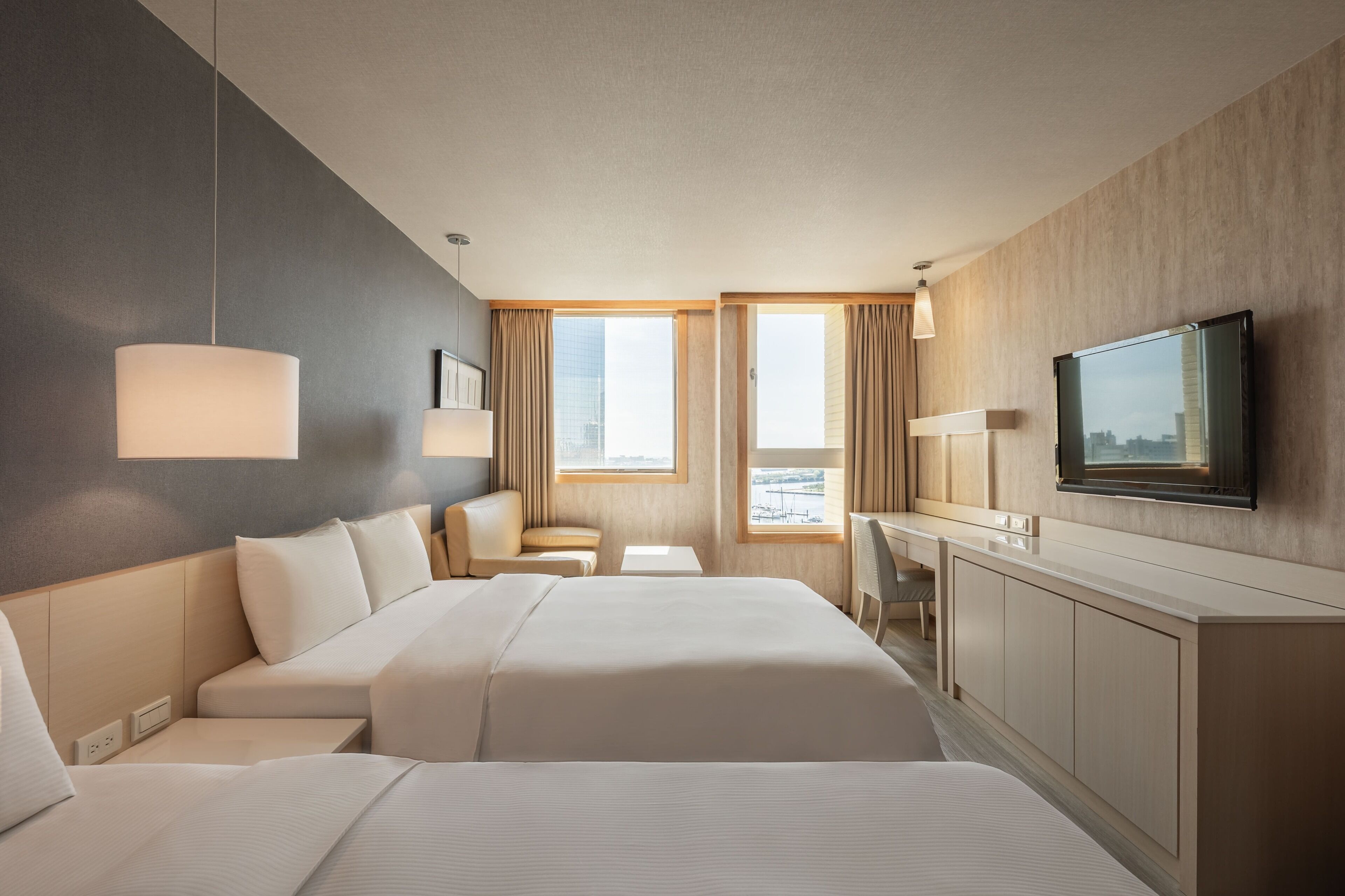 Deluxe Room, 2 Double Beds, Harbor View | Living area | 42-inch flat-screen TV with cable channels, TV, DVD player