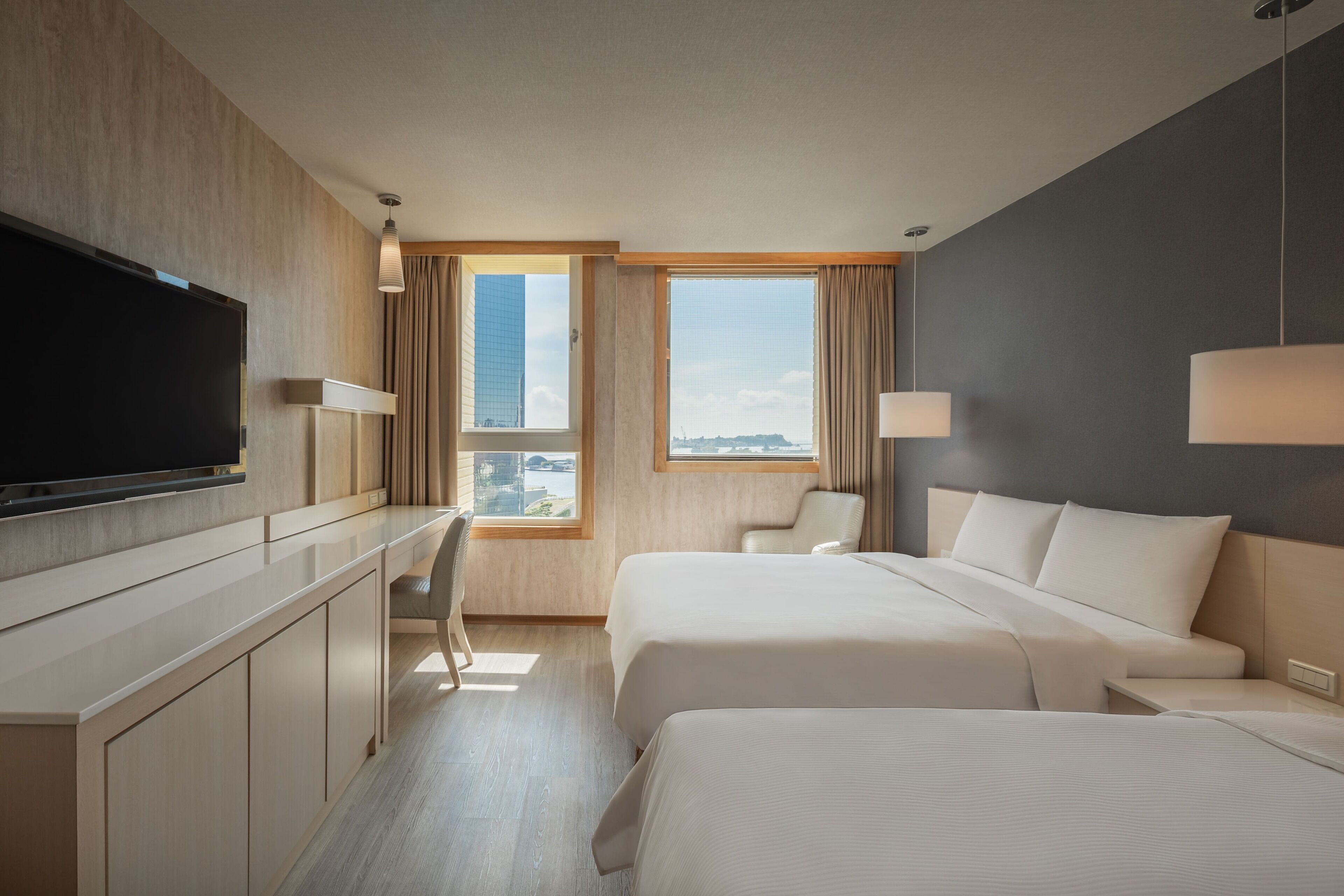 standard room, 2 double beds, harbour view | living area | 42-inch flat-screen tv with cable channels, tv, dvd player