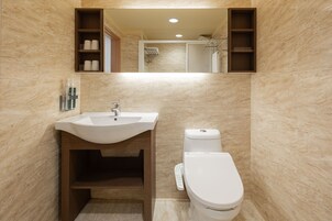 Elite Double Room | Bathroom | Shower, hydromassage showerhead, hair dryer, slippers