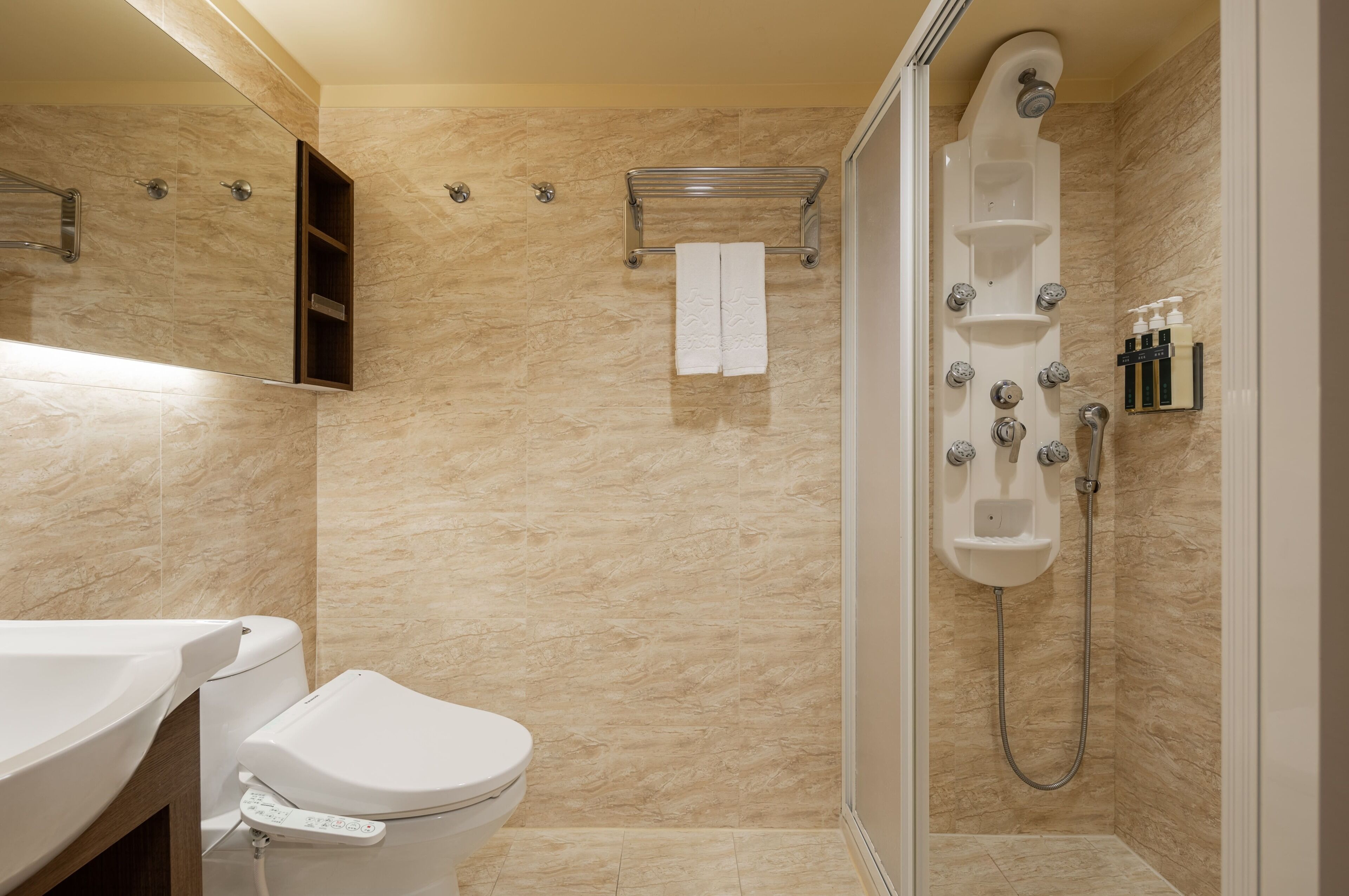 shower, hydromassage showerhead, hair dryer, slippers