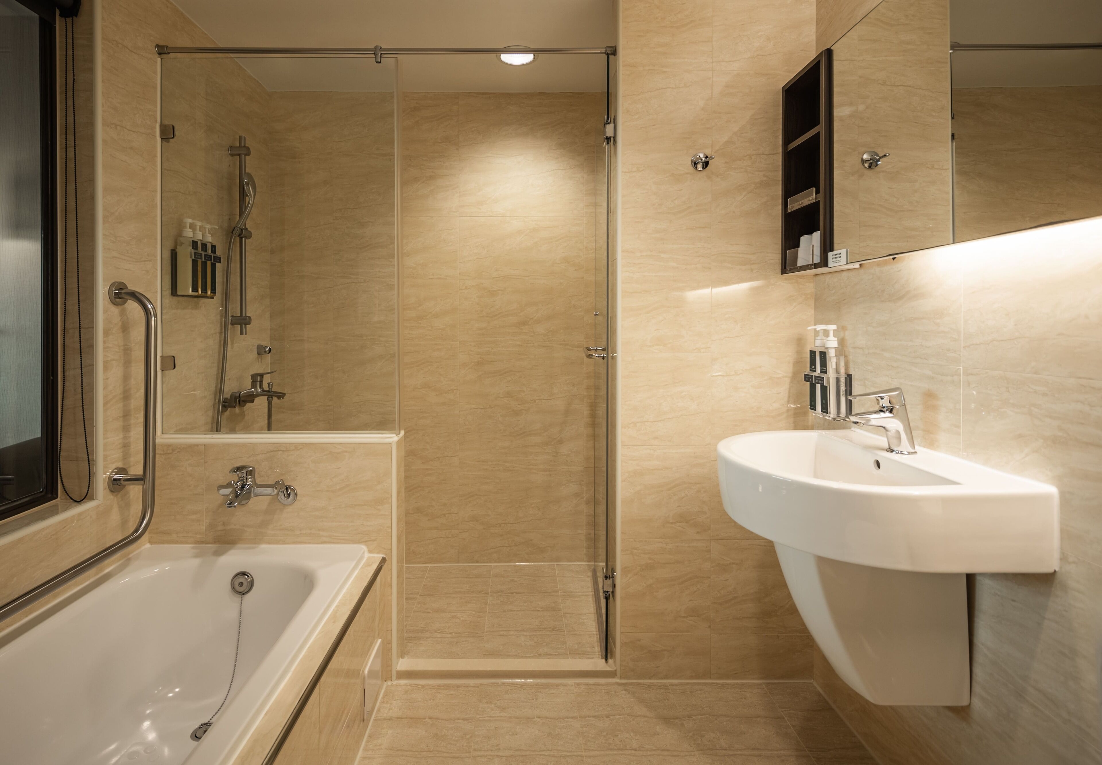 shower, hydromassage showerhead, hair dryer, slippers