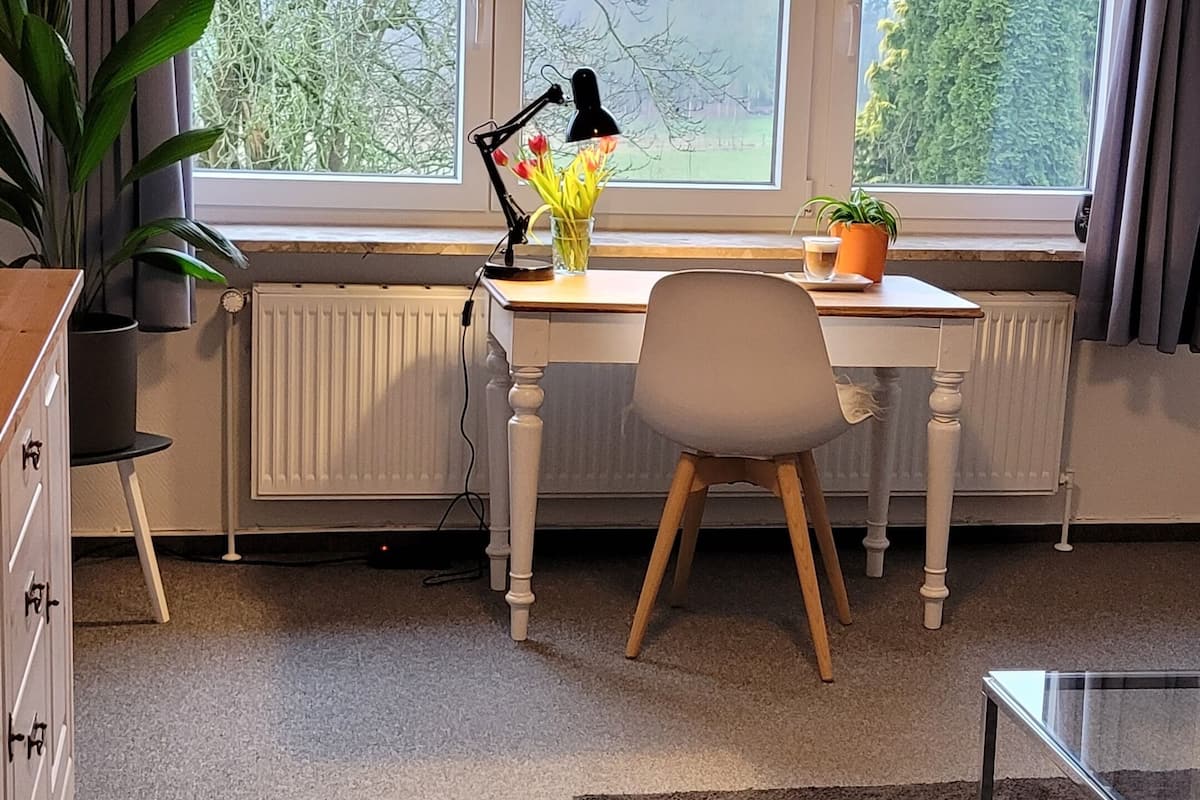 Een kamer met een bureau, stoel, radiator, ramen en uitzicht op bomen.