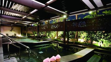 Seasonal outdoor pool, pool umbrellas, sun loungers