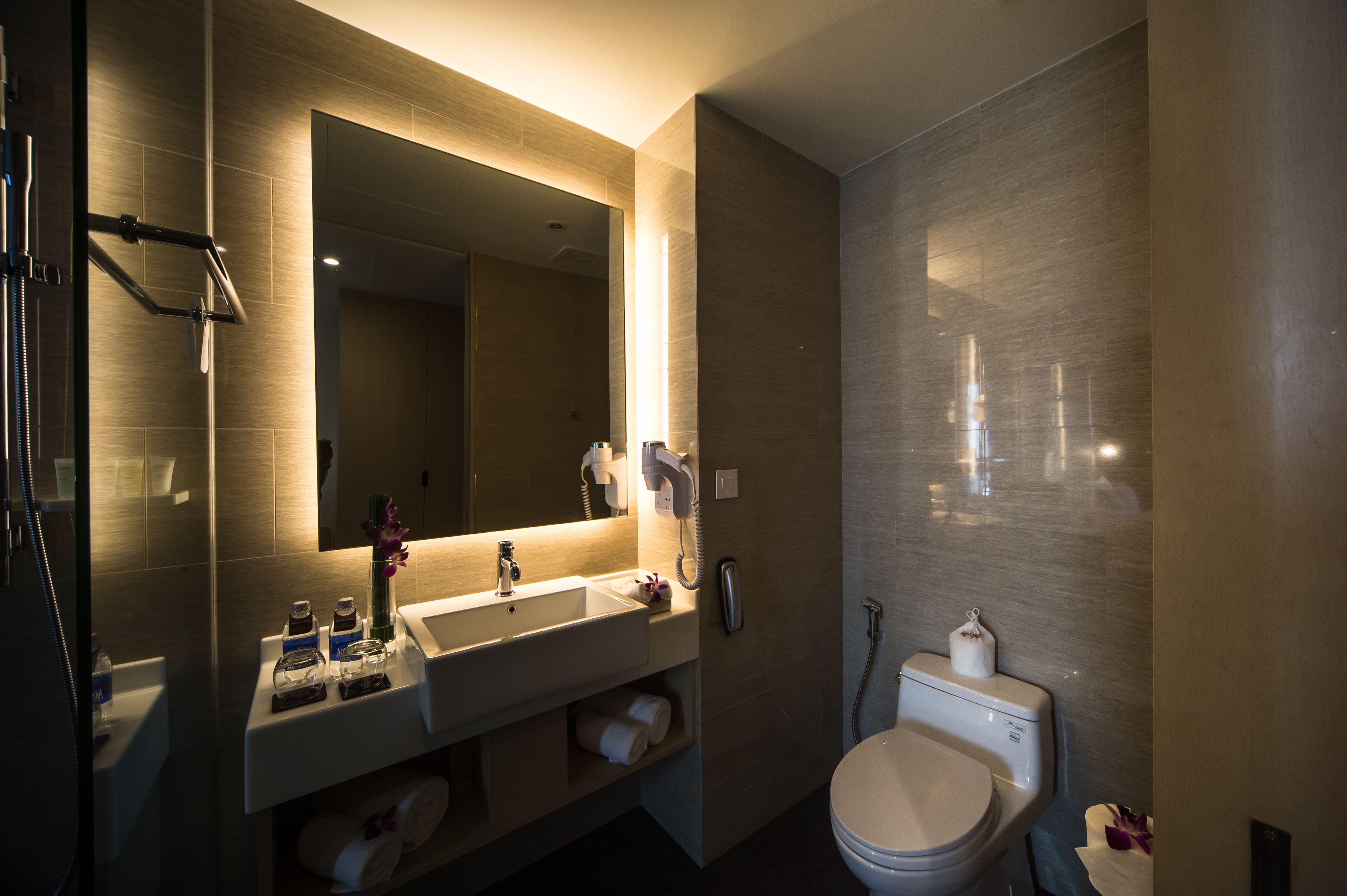 shower, eco-friendly toiletries, hair dryer, towels