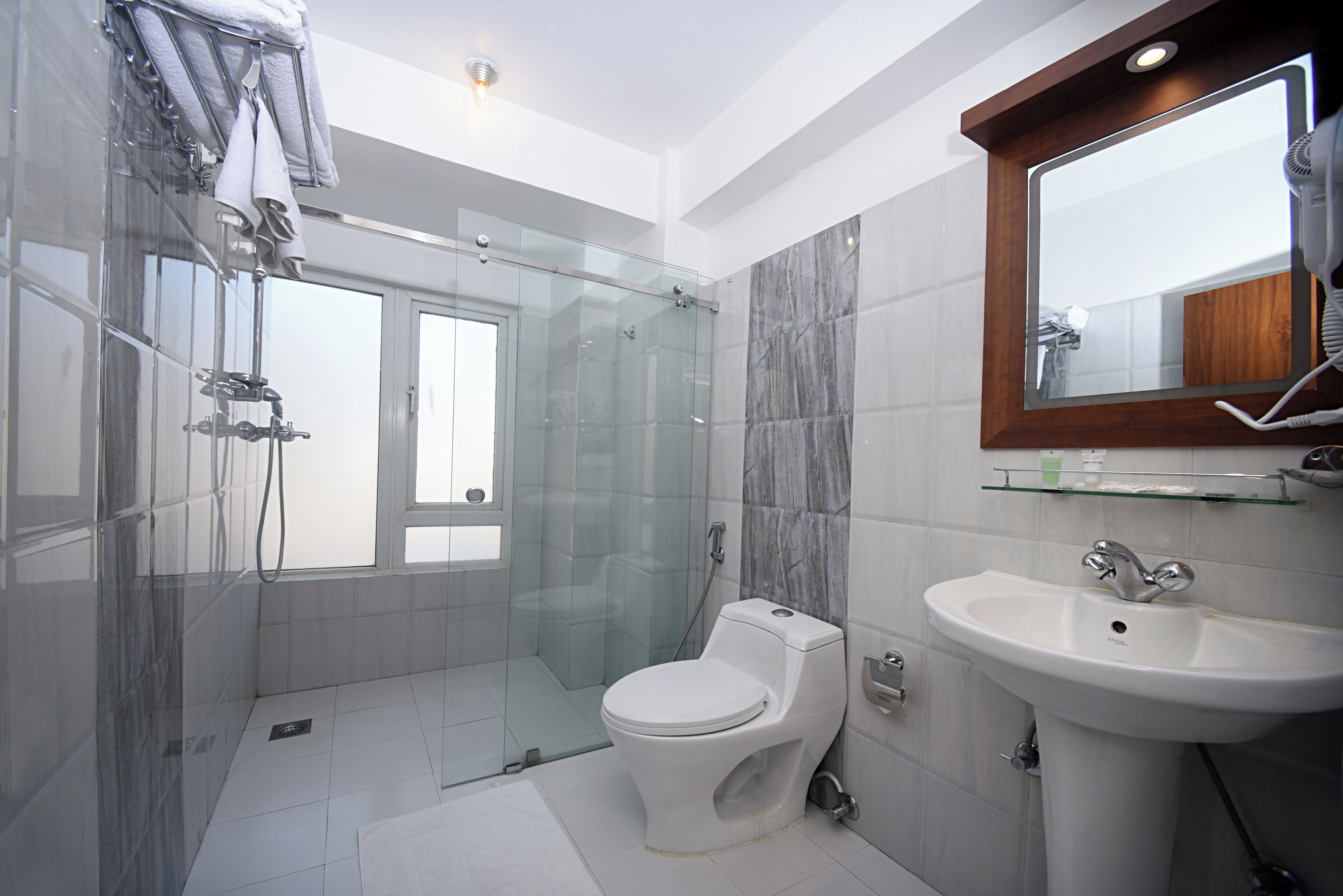 shower, free toiletries, hair dryer, bathrobes