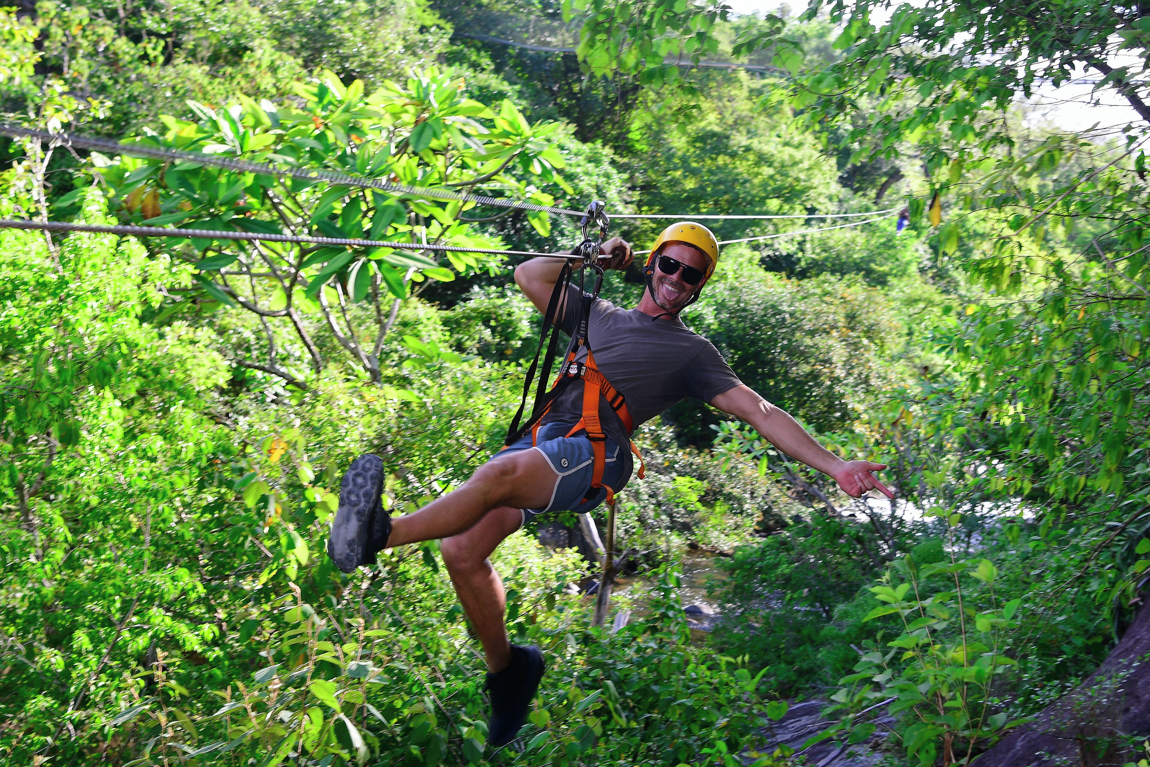 Una persona deslizándose en tirolesa por un bosque frondoso y verde.