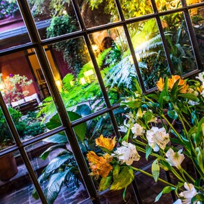 A greenhouse with various plants and flowers, viewed through a glass partition. - Be Jardin Escondido by Coppola (Buenos Aires)