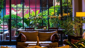 Un coin salon accueillant avec un canapé confortable, une table agrémentée d’une bougie et une vue sur une végétation luxuriante grâce à de grandes fenêtres.