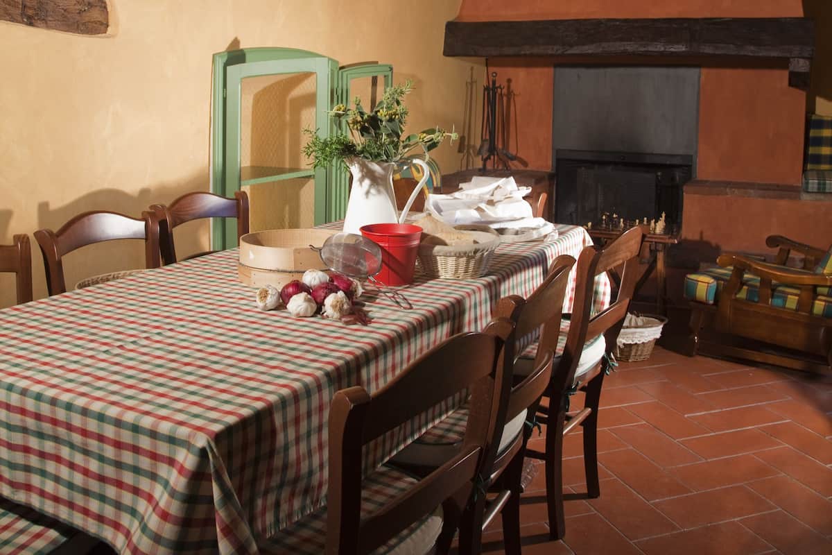 Een eethoek met een lange tafel, stoelen, een plafondventilator, een open haard en een spiegel met groene lijst.