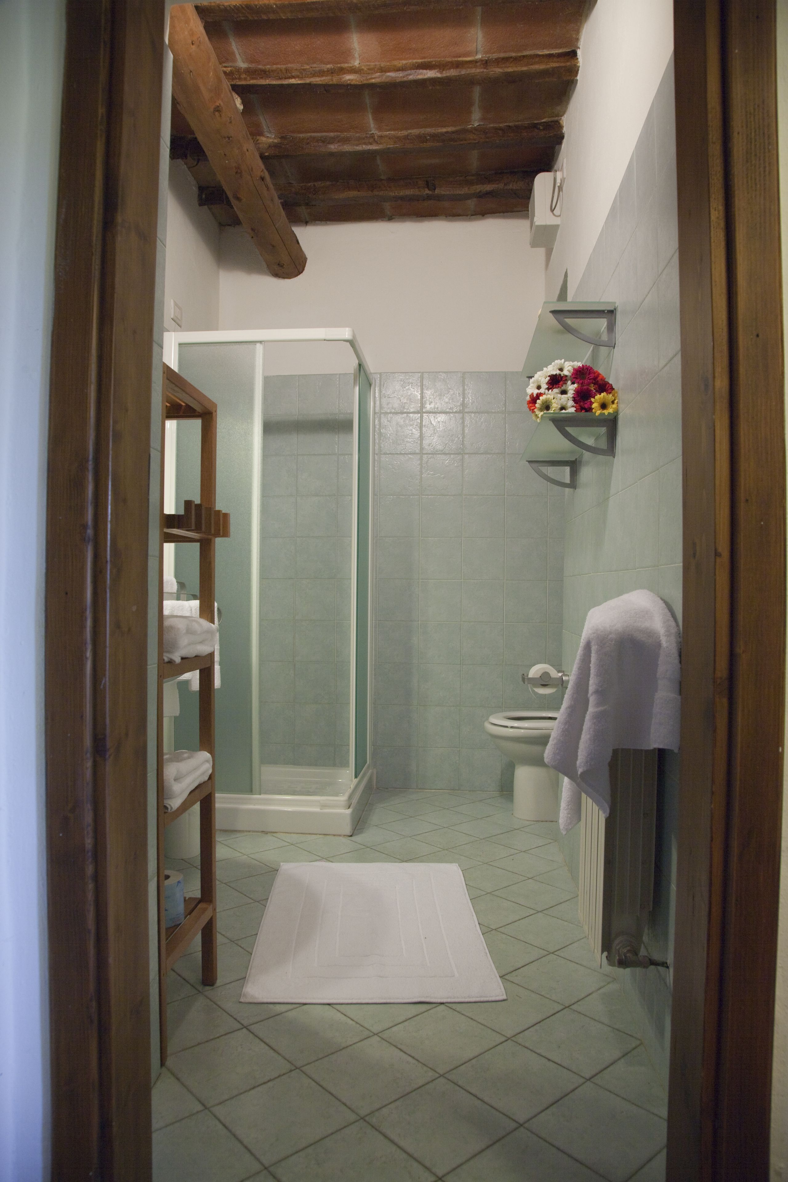 A bathroom with a glass shower enclosure, a toilet, a towel rack with a towel, and a wooden shelf with towels.