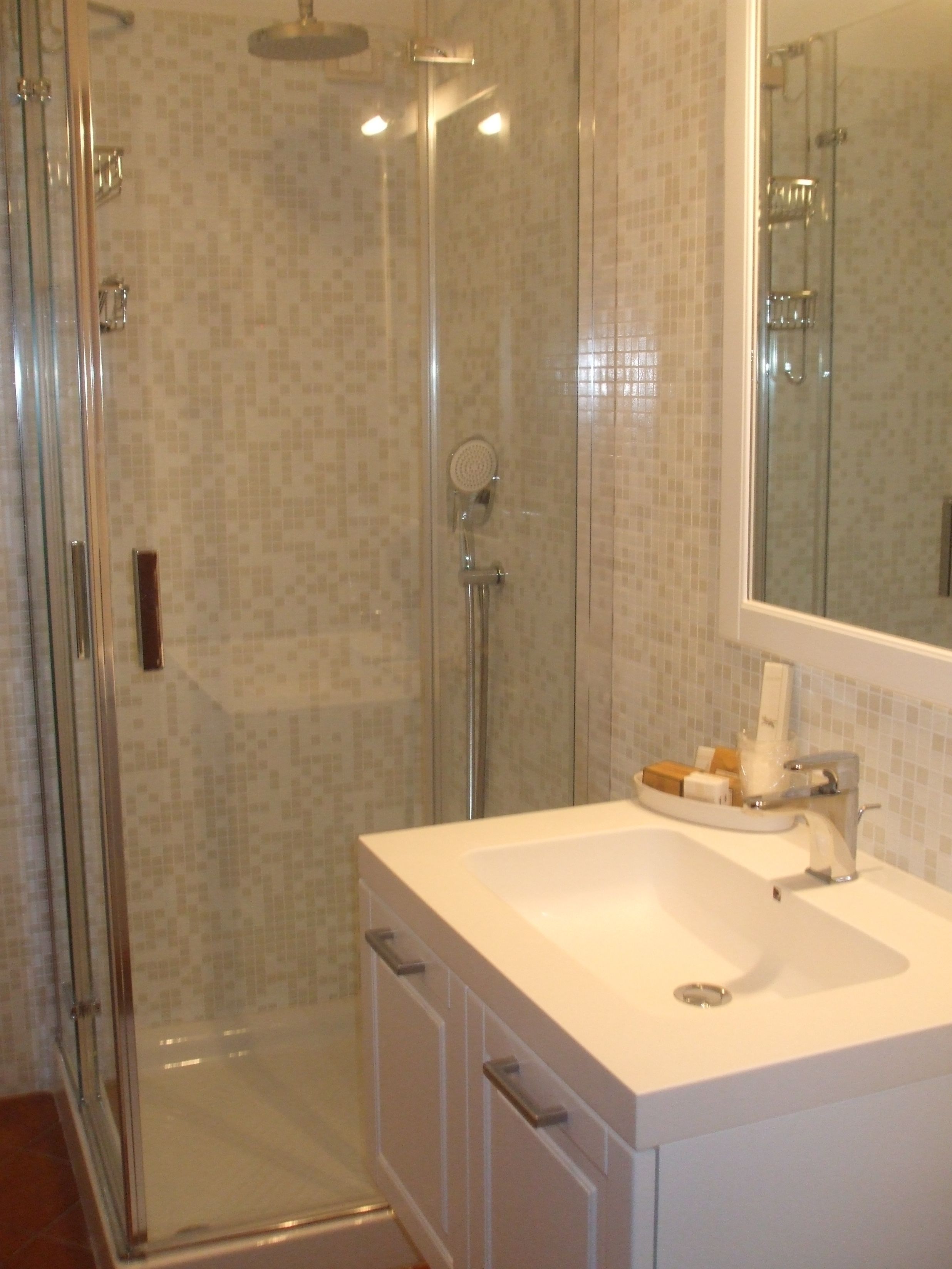 A bathroom with a glass shower enclosure, a white sink, and a mirror above the sink.