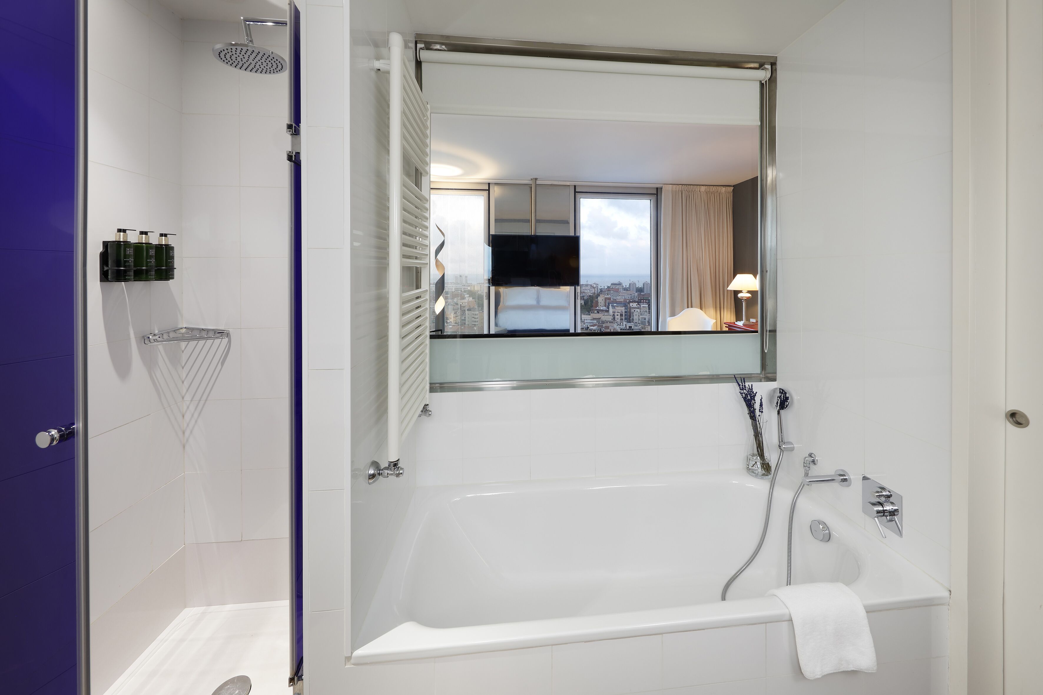 Une salle de bain moderne dotée d’une grande baignoire, d’une douche et d’un espace de douche séparé par des parois en verre.