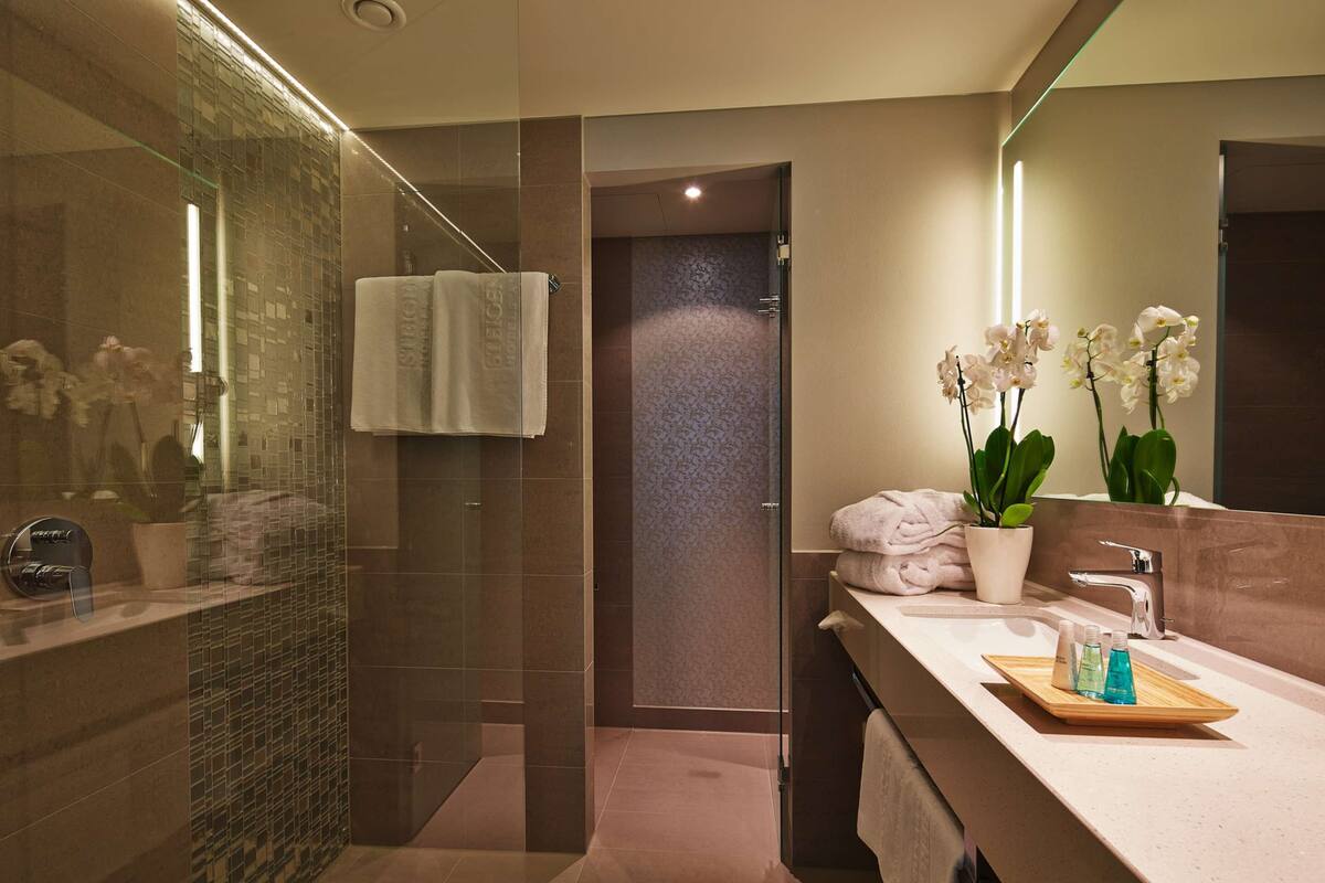 A modern bathroom with a glass-enclosed shower, a vanity with a mirror, and a tray with toiletries.