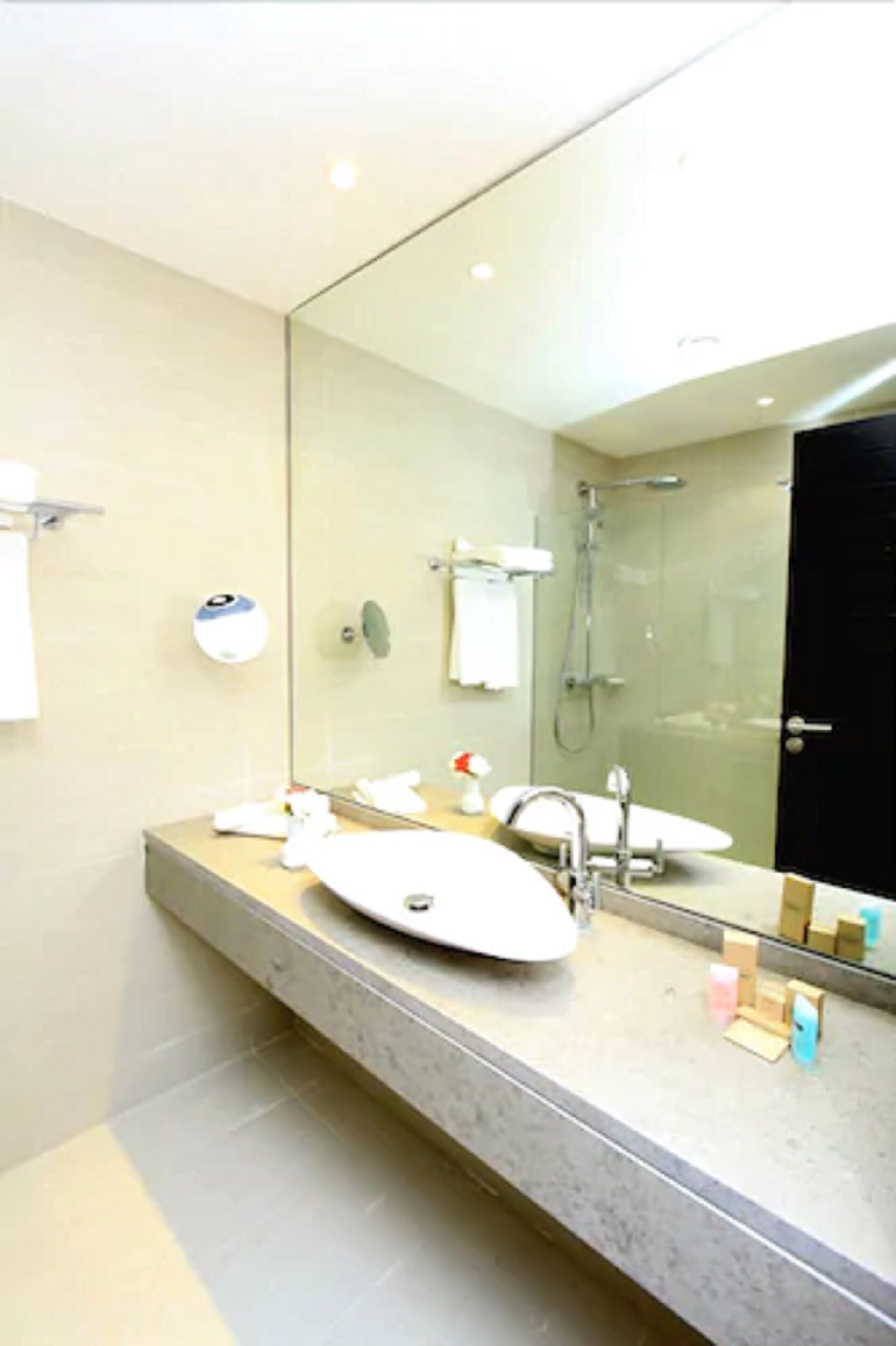 Une salle de bain moderne avec un grand miroir, un lavabo et un espace douche.