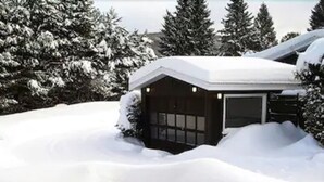 A snow-covered house with a garage and a small porch area. - Auberge Mountain View Inn (Mont-Tremblant)