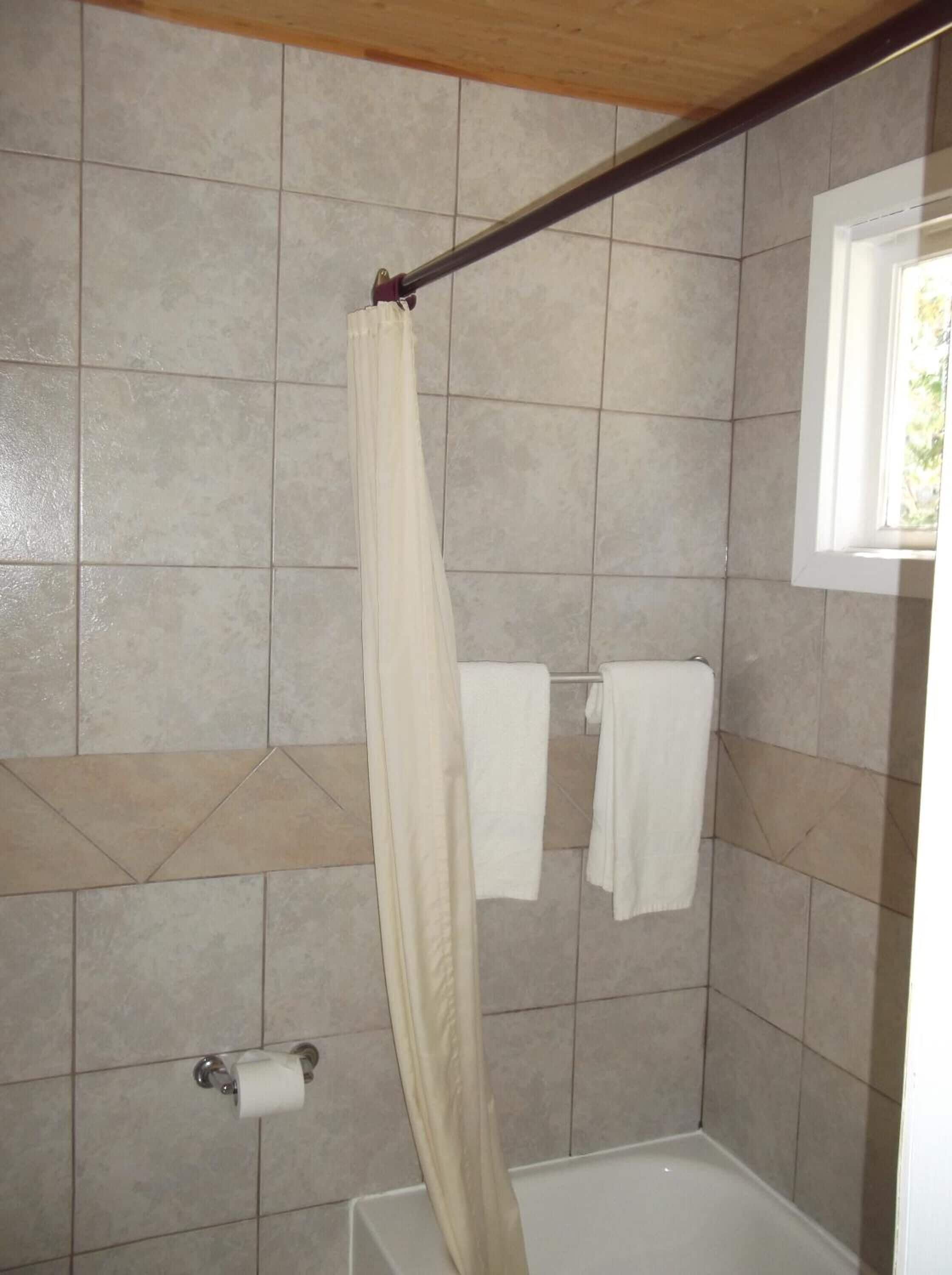 combined shower/bathtub, free toiletries, towels