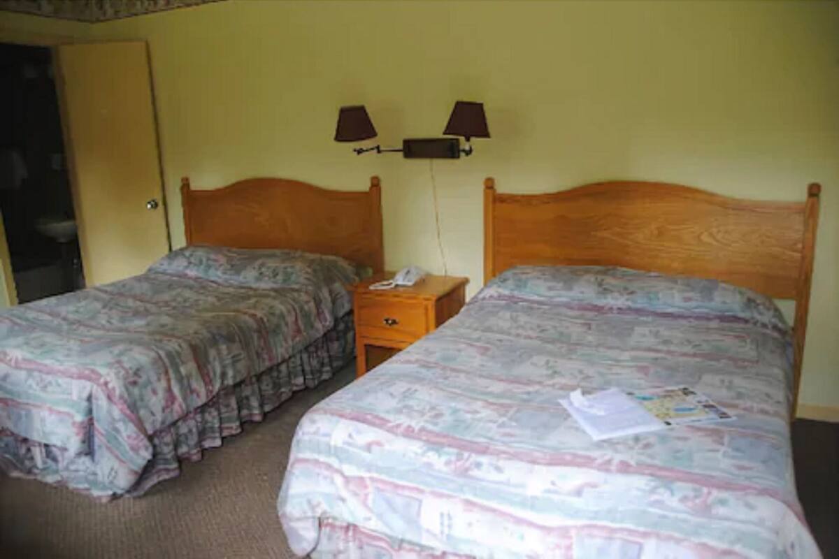 Une chambre avec deux lits simples, une table de chevet et une lampe fixée au mur.