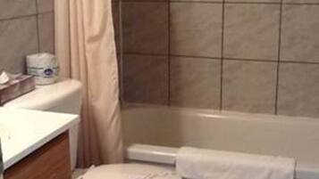 Une salle de bain équipée de toilettes, d’une baignoire et d’un rideau de douche.