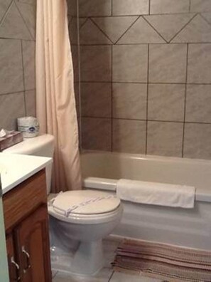 A bathroom with a toilet, a bathtub, and a shower curtain.