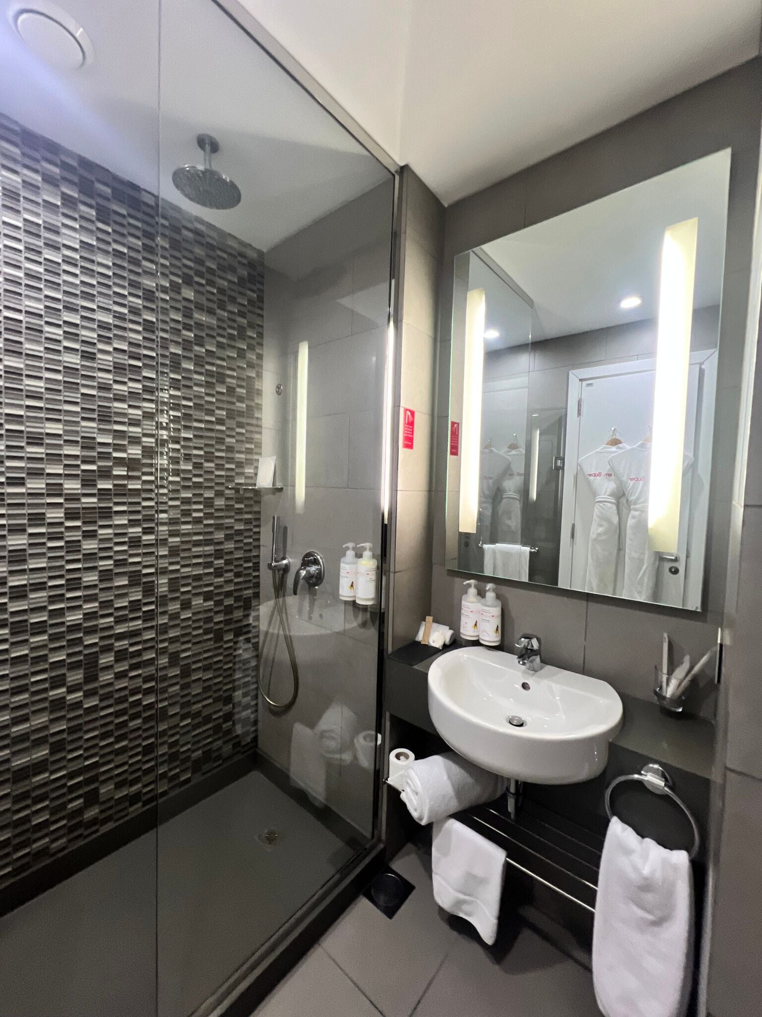 A modern bathroom with a glass shower enclosure, a white sink, and a large mirror.