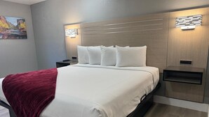 Una habitación de hotel moderna con una cama grande, una manta roja, dos mesitas de noche y una lámpara fijada a la pared.