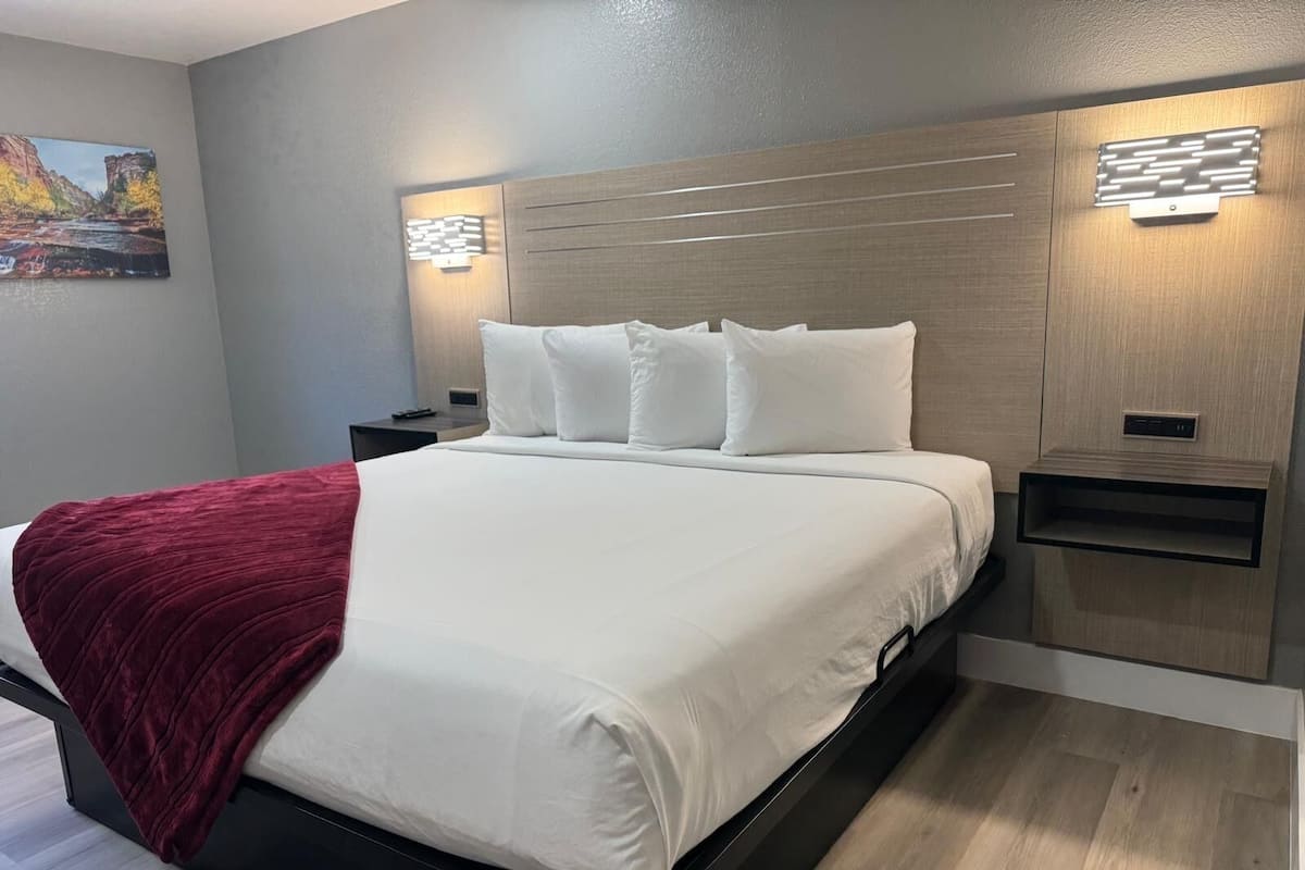 A modern hotel room with a large bed, a red throw blanket, two bedside tables, and a wall-mounted light fixture.