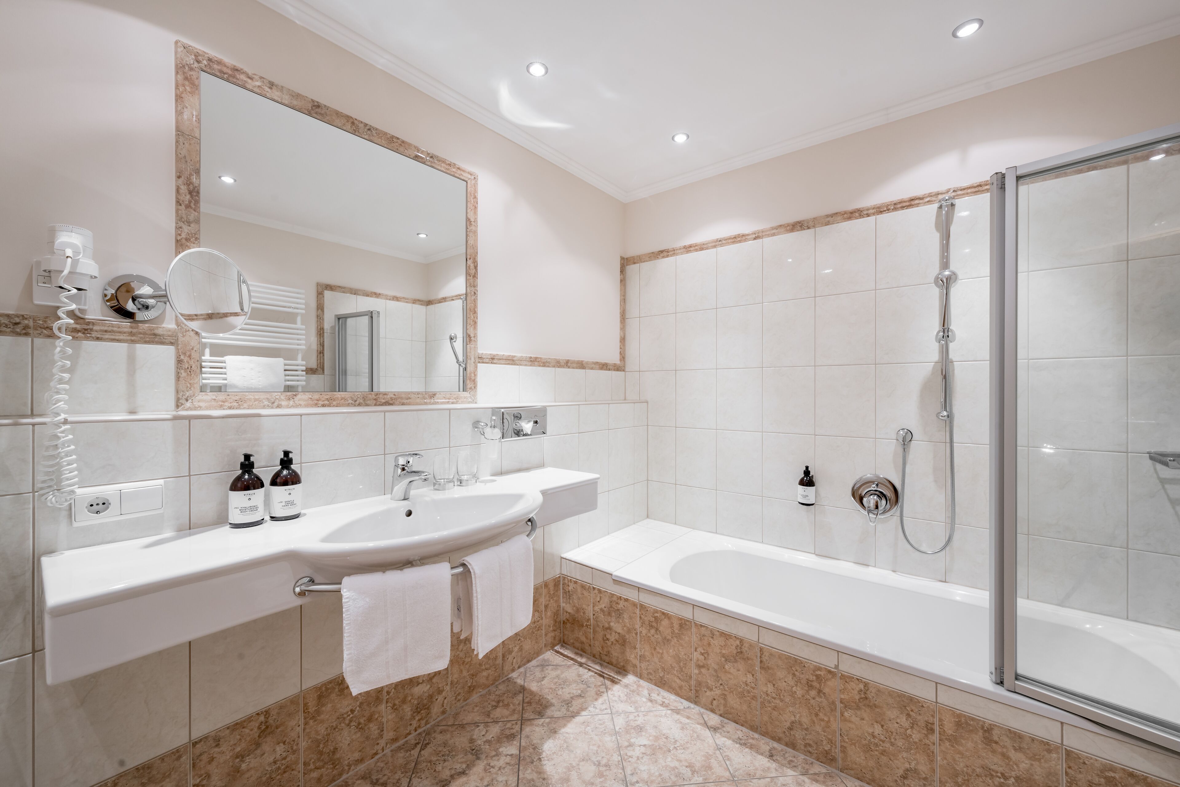 comfort double room, mountain view | bathroom | eco-friendly toiletries, hair dryer, bathrobes, slippers