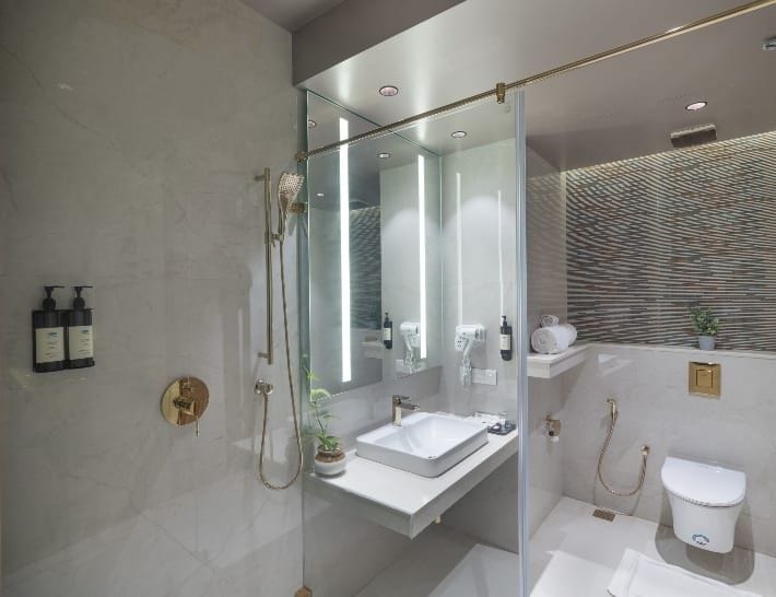 A modern bathroom with a glass-enclosed shower, a white sink, and a toilet.