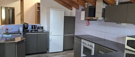 Eine moderne Küche mit integriertem Kühlschrank, Herd und Mikrowelle.