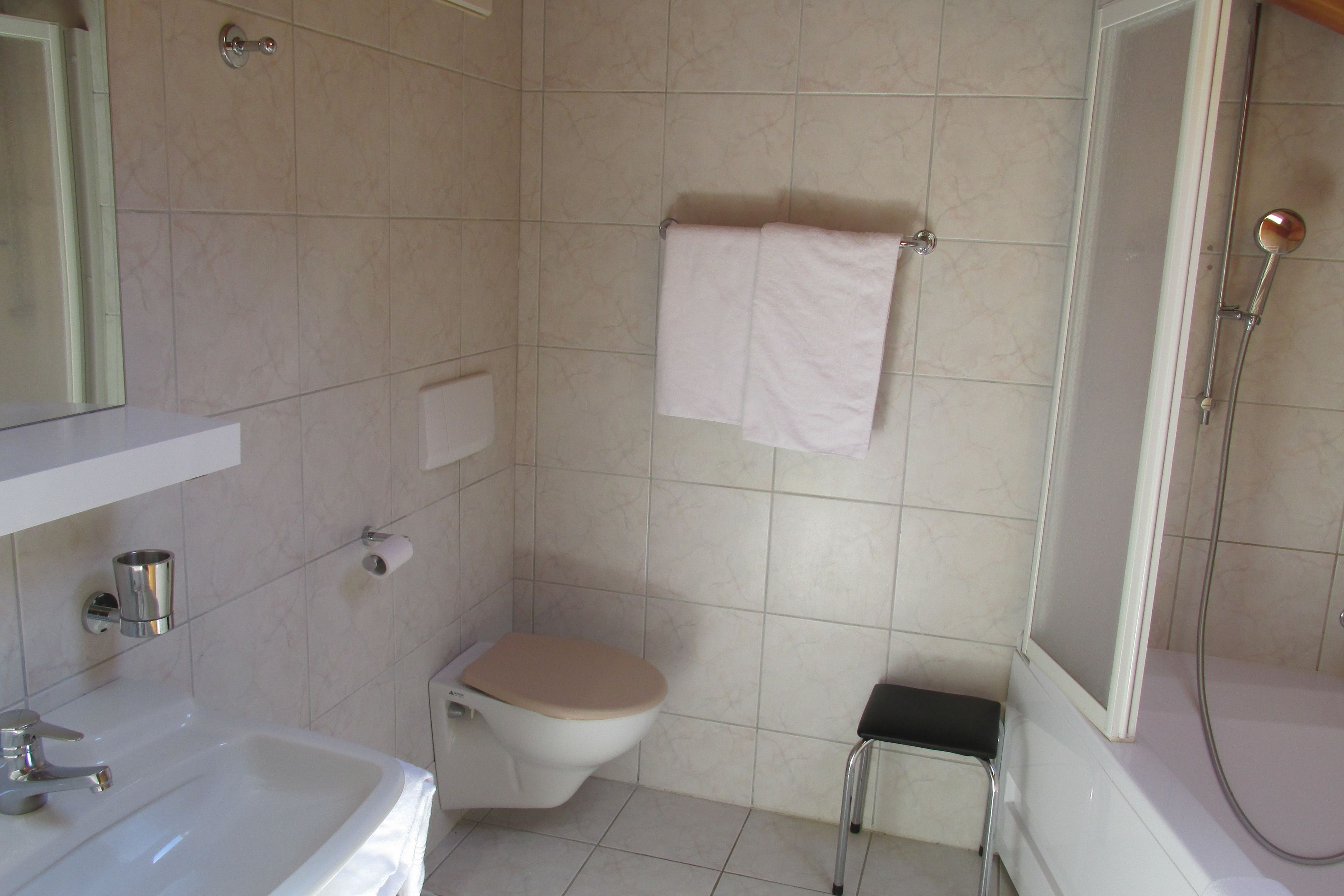 A bathroom with a toilet, sink, and shower.
