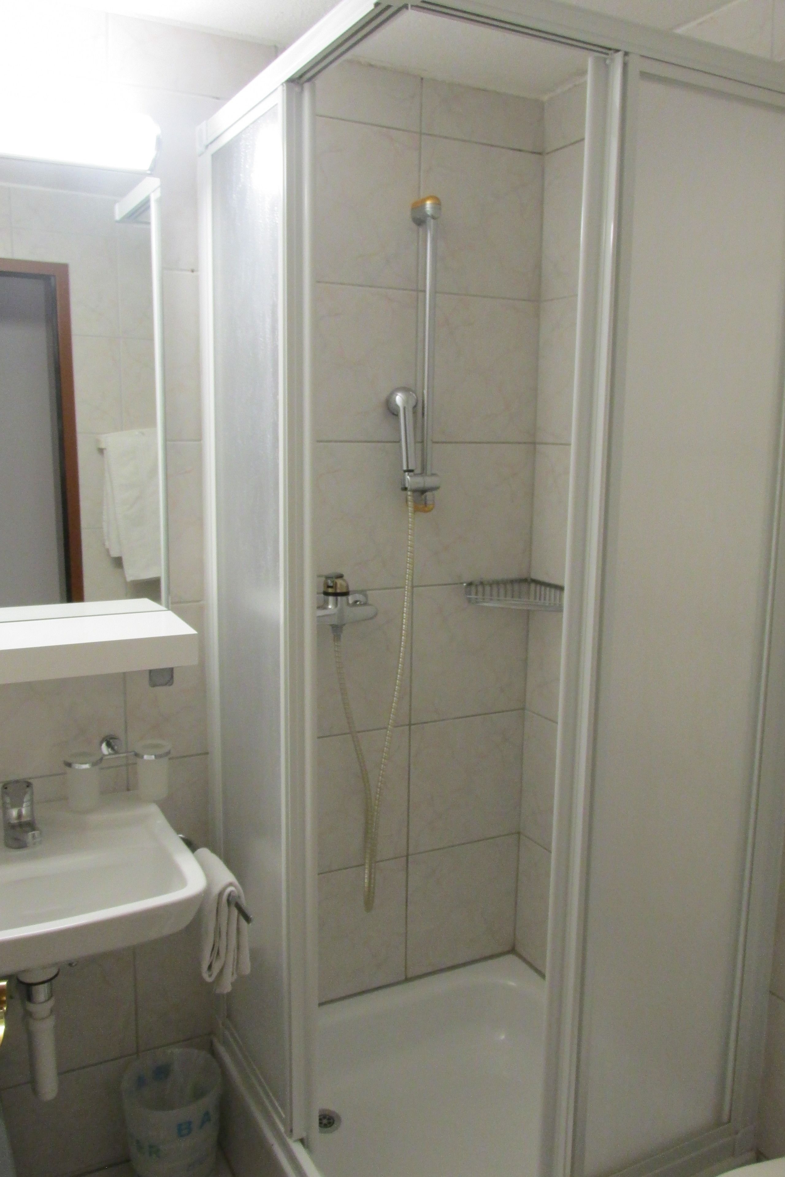 A bathroom with a glass-enclosed shower, a sink, and a mirror.