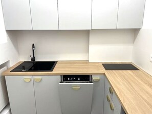 A modern kitchen with white cabinets, a black sink, and a dishwasher. - Rainbow Apartments 2 (Kraków)