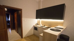 A compact kitchen with a built-in microwave, a sink, and a countertop. - Rainbow Apartments 2 (Kraków)