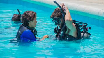 Outdoor pool, pool umbrellas, pool loungers