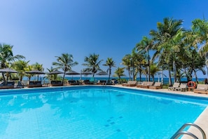 Outdoor pool, pool umbrellas, pool loungers