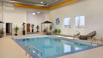 Indoor pool, open 9:00 AM to 10:00 PM, sun loungers