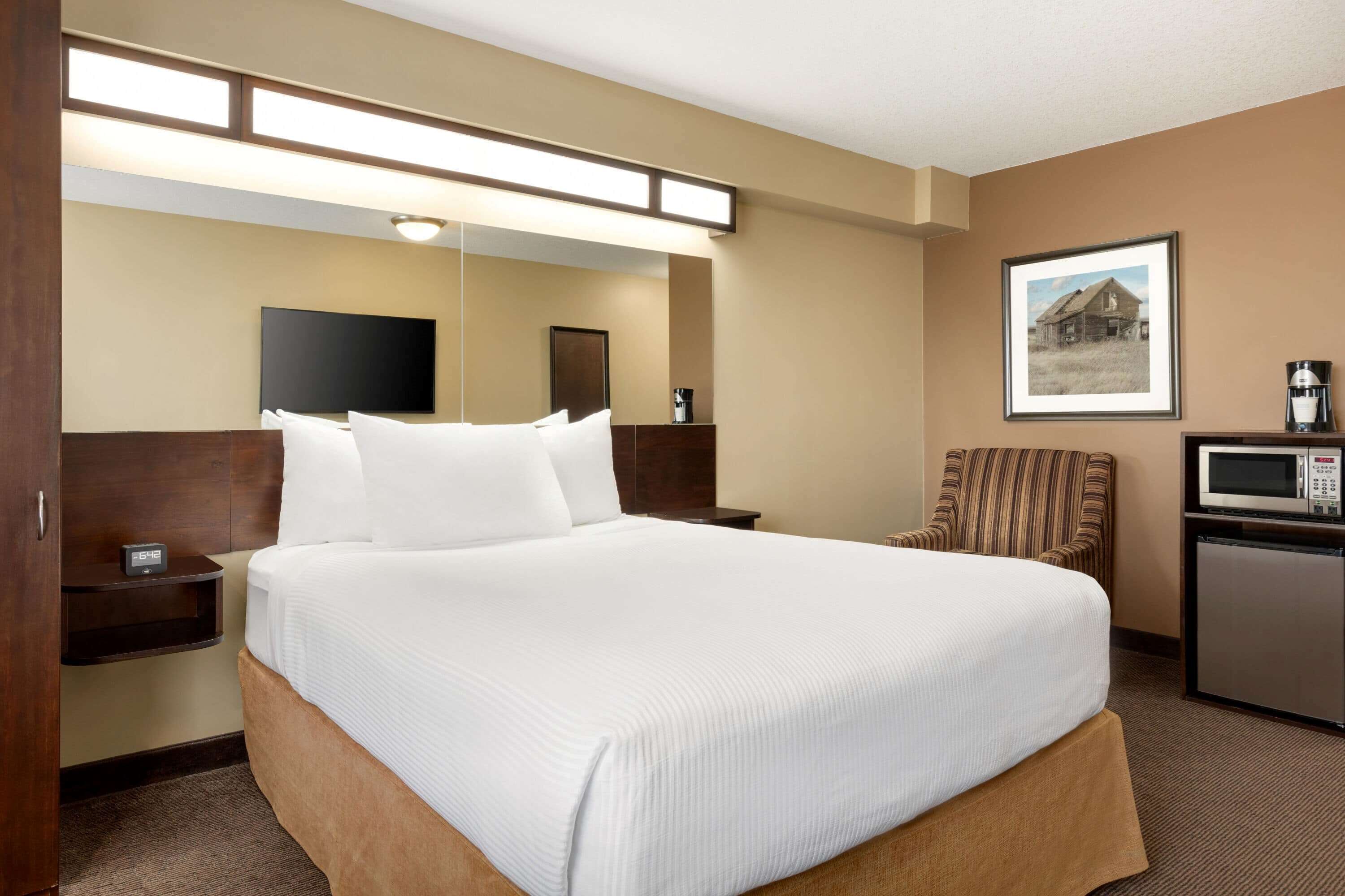 Habitación de hotel con una cama grande, televisión, microondas, cafetera y un cuadro en la pared.