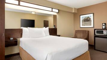 Habitación de hotel con una cama grande, televisión, microondas, cafetera y un cuadro en la pared.