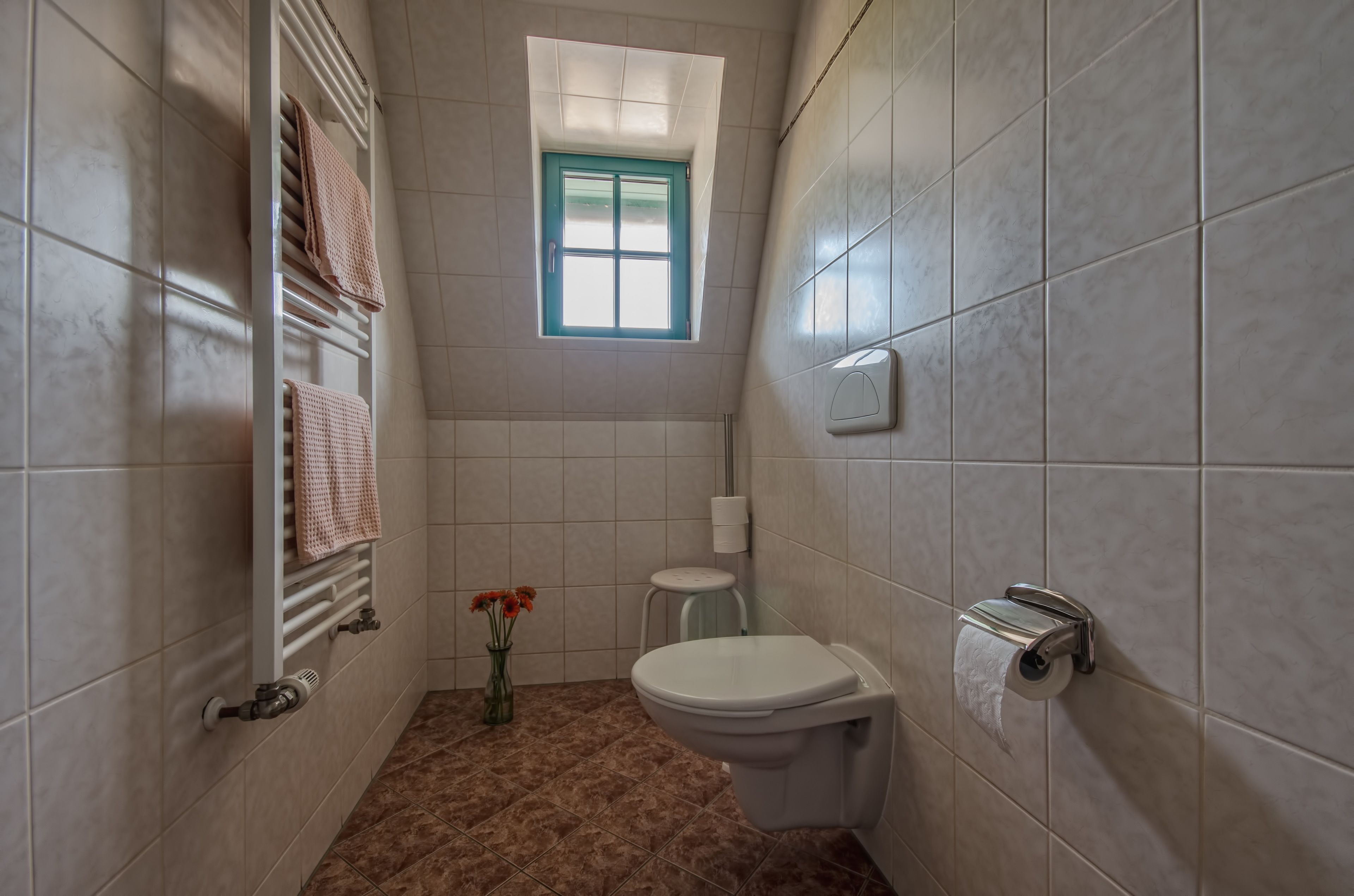 A compact bathroom with a toilet, a towel rack, a small window, and a toilet paper holder.