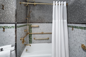 Rainfall showerhead, designer toiletries, hair dryer, bathrobes